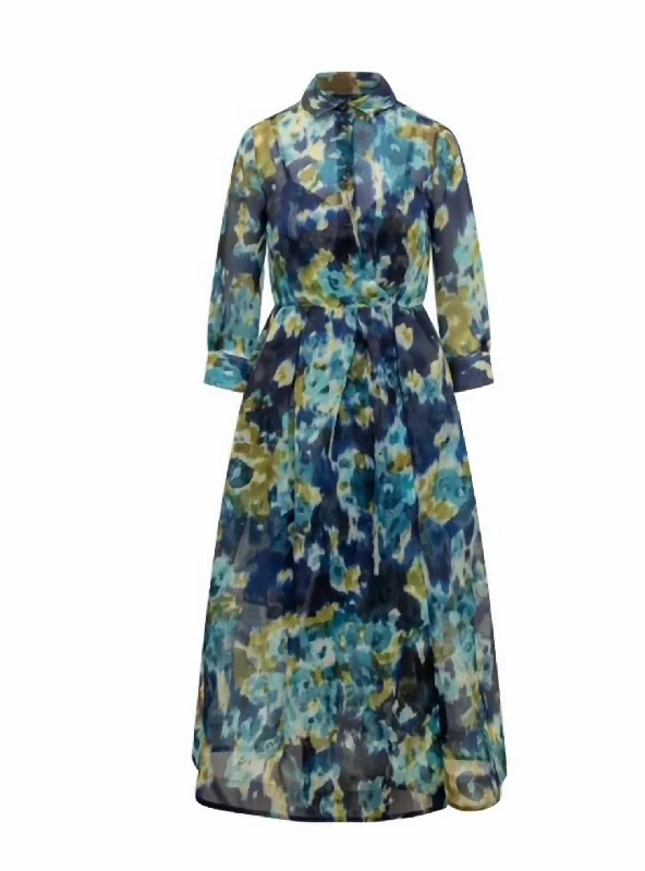 Elenat Silk Shirt Dress In Blue Green