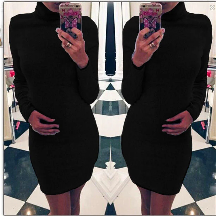 Fashion Sanding High Neck Long Sleeve Bodycon Short Dress