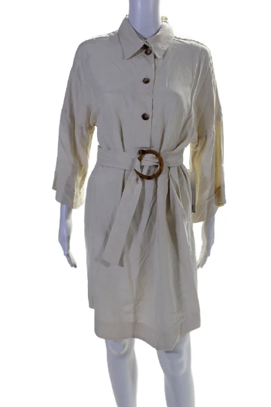 I By Iris Setlakwe Womens 3/4 Sleeve Collared Belted Shirt Dress White