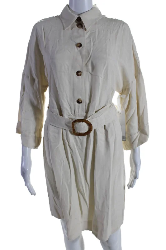 I By Iris Setlakwe Womens 3/4 Sleeve Collared Belted Shirt Dress White