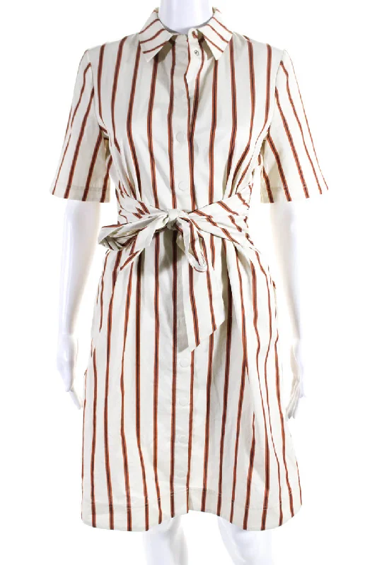 Jason Wu Womens Belted Short Sleeve Striped Button Down Shirt Dress Beige