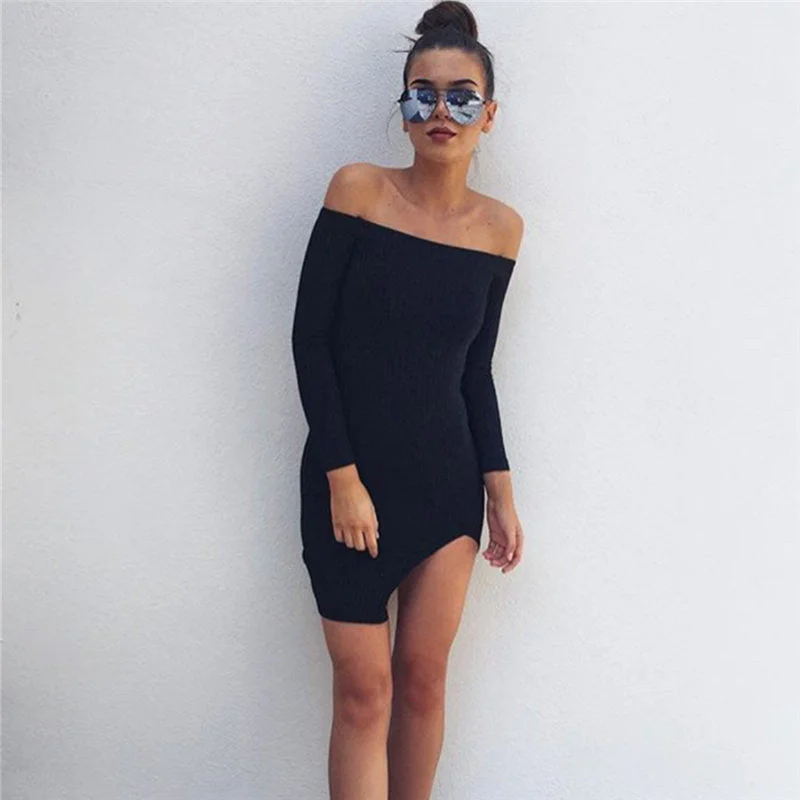 Off Shoulder Long Sleeve Split Bodycon Short Black Dress