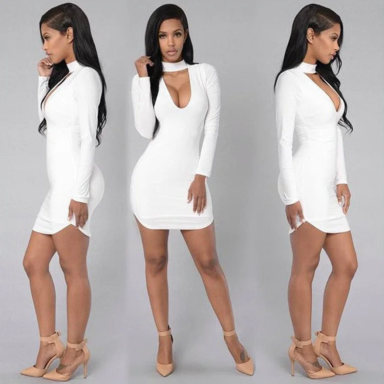 Pure Color High Neck Hollow Out Bodycon Irregular Short Dress