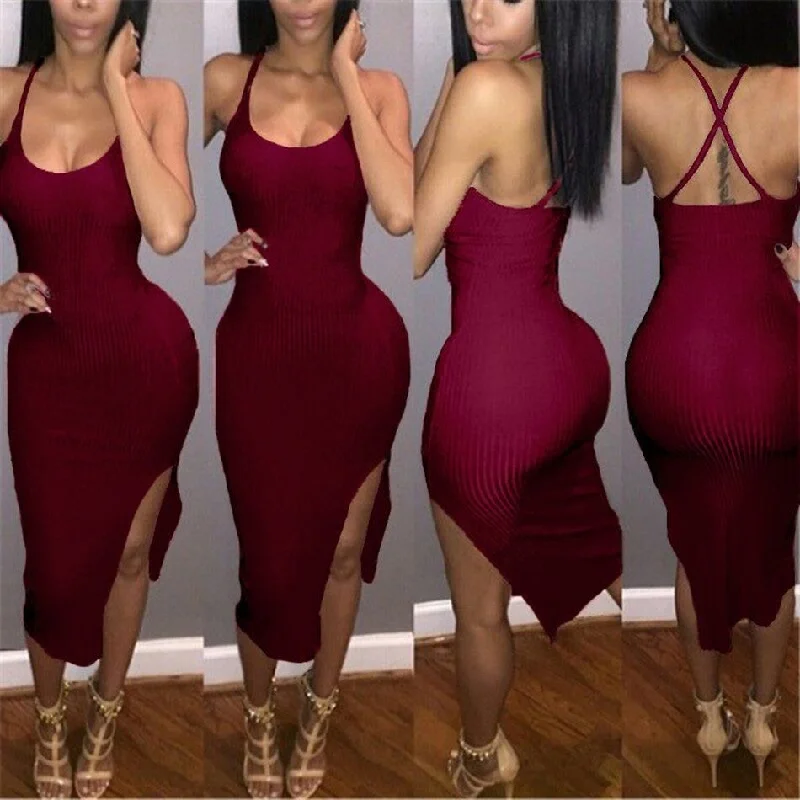 Sexy Spaghetti Strap Backless Side Slit Irregular Bodycon Dress