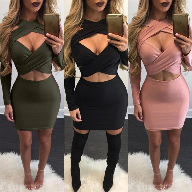 Cross Bandage Long Sleeve Short Bodycon Dress