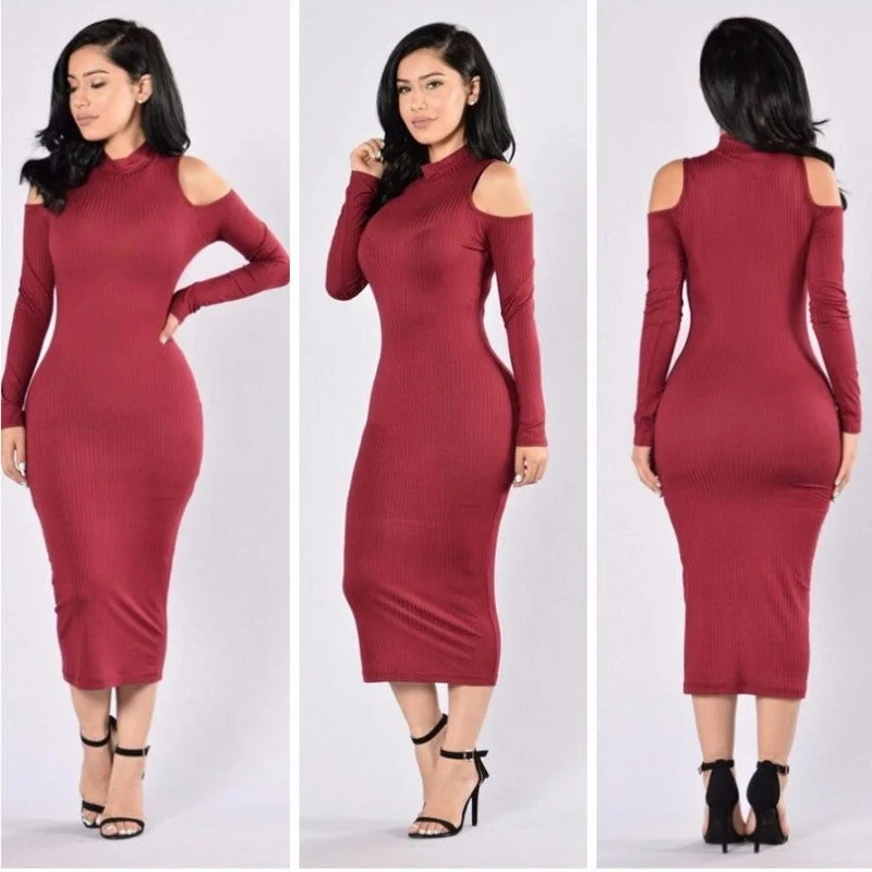 Dew Shoulder Pure Color High Neck long Bodycon Dress