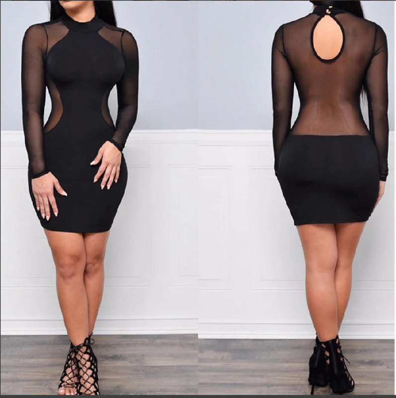 High-neck Bodycon Long Sleeve Mesh Short Club Dress