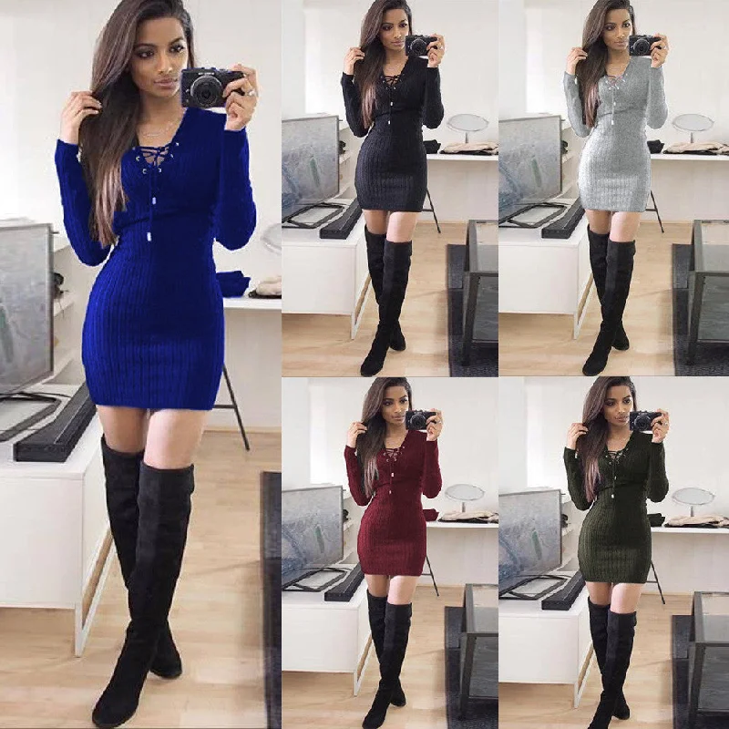 Lace Up V Neck Ribbed Long Sleeve Short Bodycon Dress