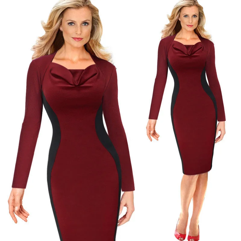 Scoop Splicing Long Sleeve Bodycon Mid-Calf Dress