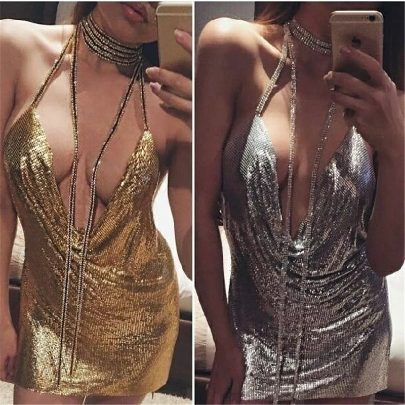 Sequins Halter Backless Short Bodycon Club Dress