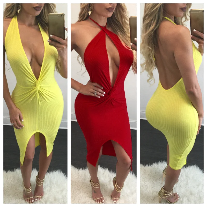 Sexy Halter Sleeveless Deep V Neck Wrap Slit Short Bodycon Dress