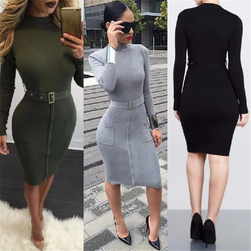 Sexy Knit High Neck Long Sleeve Bodycon Knee-length Belt Dress