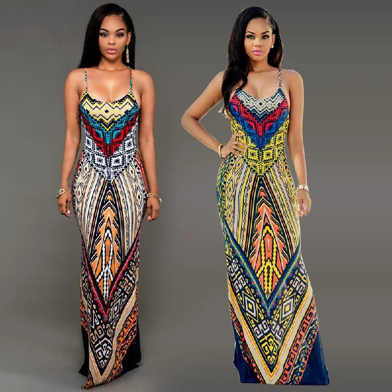 Sexy Spaghetti Strap Print Bodycon Long Dress