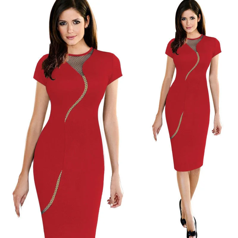 Splicing Scoop Zipper Bodycon Mid-Calf Dress