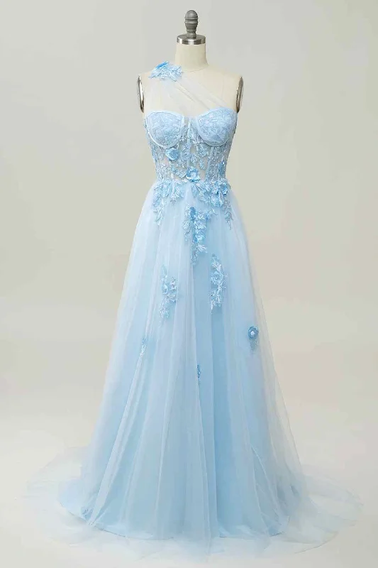 A-line Strapless Tulle Applique Long Prom Dress