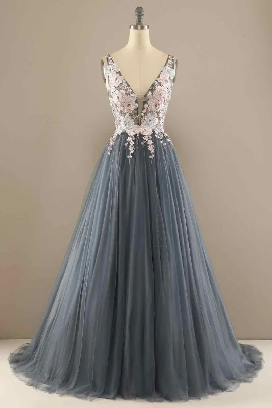 A-line V Neckline Tulle Applique Long Prom Dress