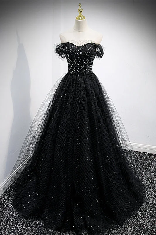 Black Off-the-Shoulder Beaded Tulle Lace-Up Back Long Formal Dress