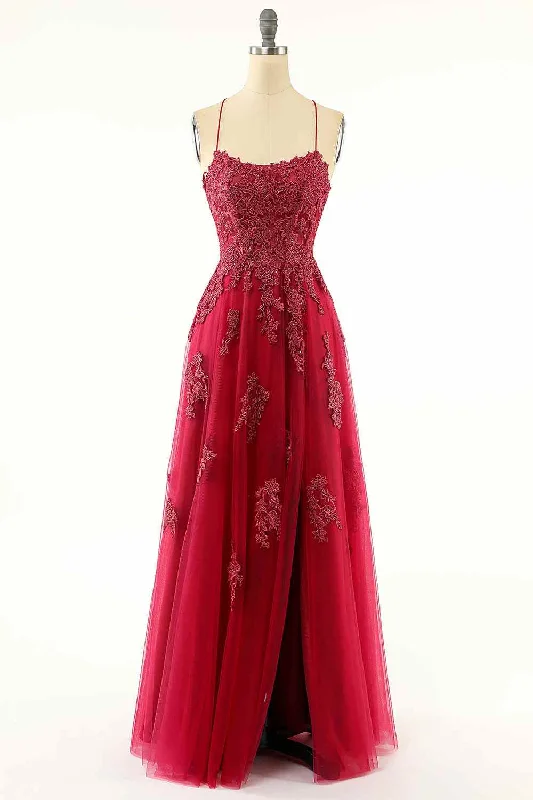 Burgundy A-line Scoop Neckline Lace-Up Back Tulle Applique Long Prom Dress