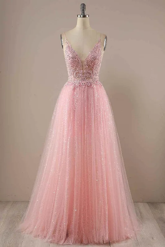 Candy Pink A-line V Neckline Sparkly Tulle Applique Long Prom Dress