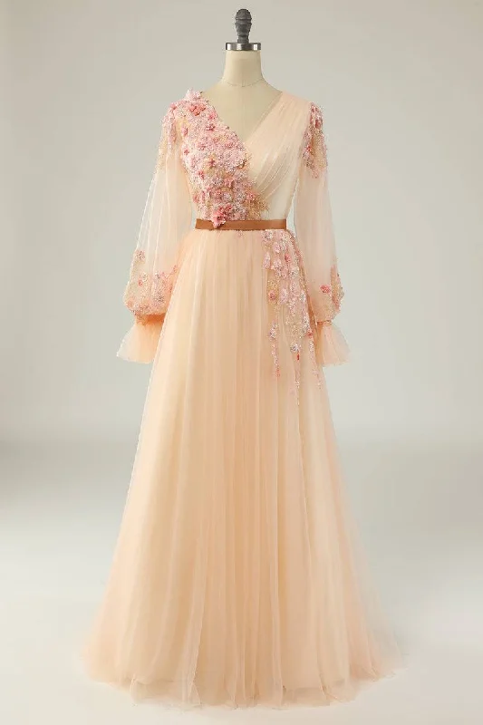 Champagne A-line V Neck Long Sleeves Tulle Applique Surplice Long Prom Dress