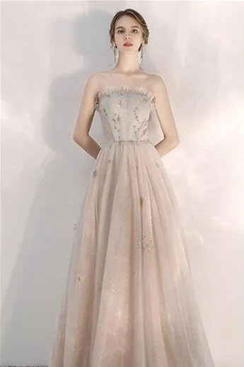 Champagne Strapless Tulle Long Prom Dress