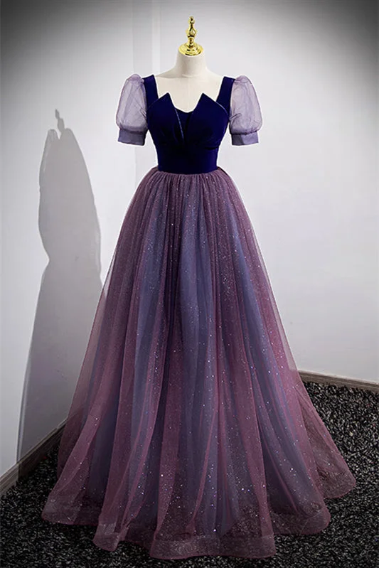 Illusion Puff Sleeves Tulle V Neck Long Formal Dress