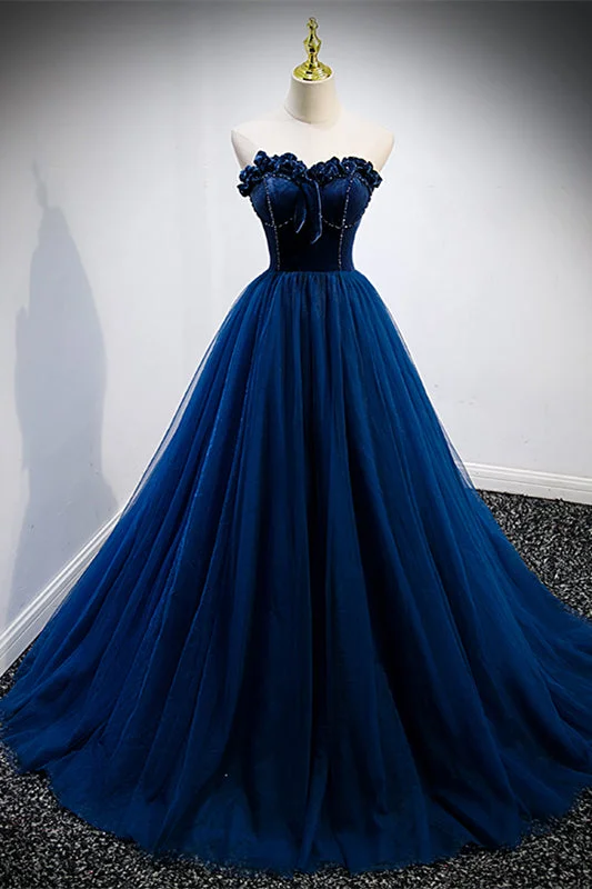 Dark Blue Strapless Ruffle Tulle Lace-Up Back Beaded Long Formal Dress