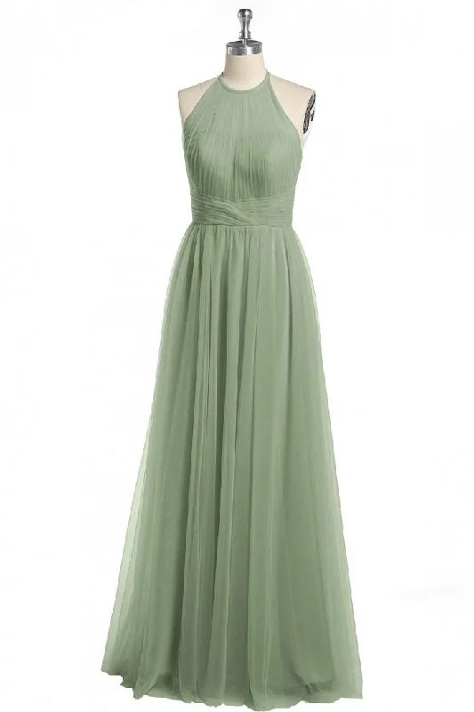 Dusty Sage A-line Halter Tulle Long Bridesmaid Dress