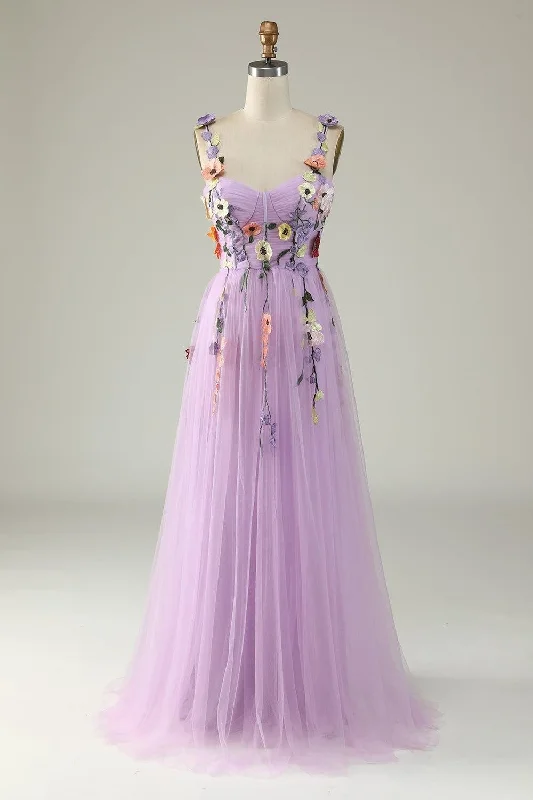 Lavender Flower Straps Appliques A-line Tulle Long Prom Dress