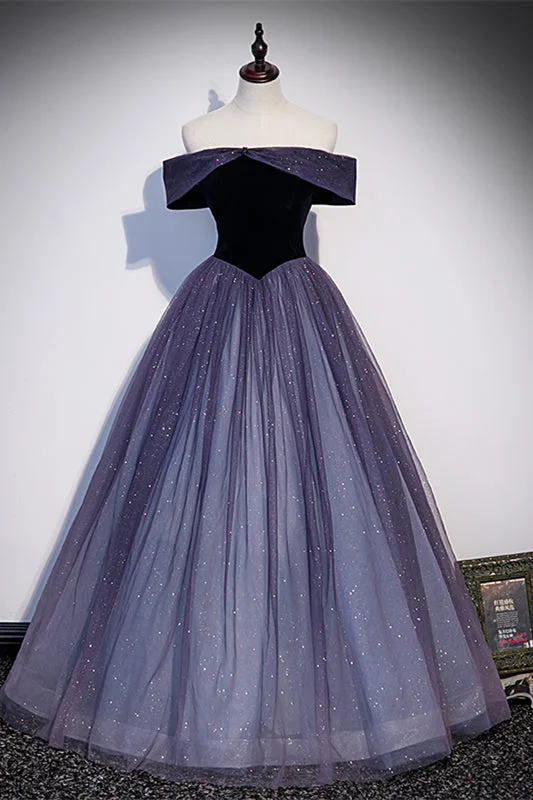 Lavender Sparkly Off-the-Shoulder Tulle Lace-Up Back Long Formal Dress