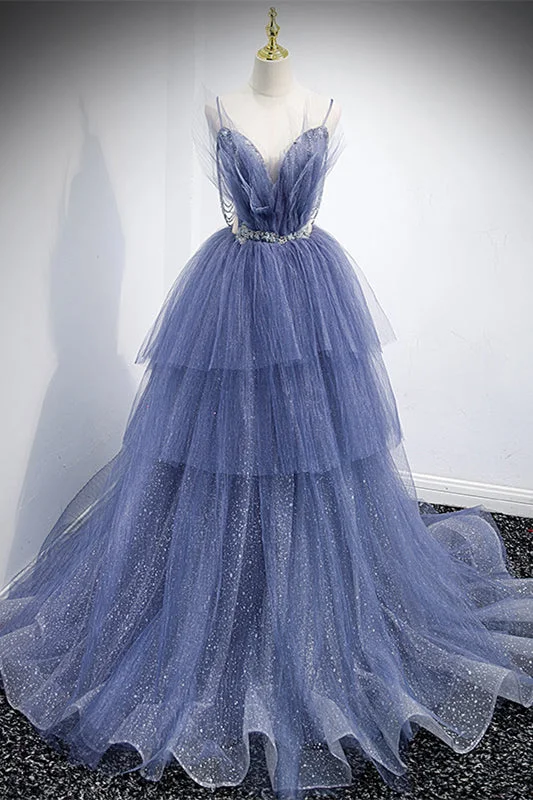 Lavender V Neck Beading Straps Multi-Layers Tulle Long Formal Dress