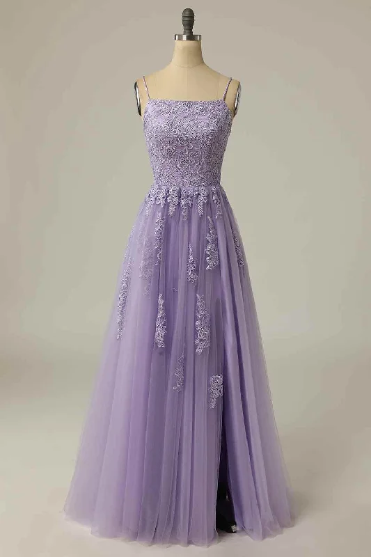 Lilac A-line Lace-Up Back Tulle Embroidery Slit Long Prom Dress