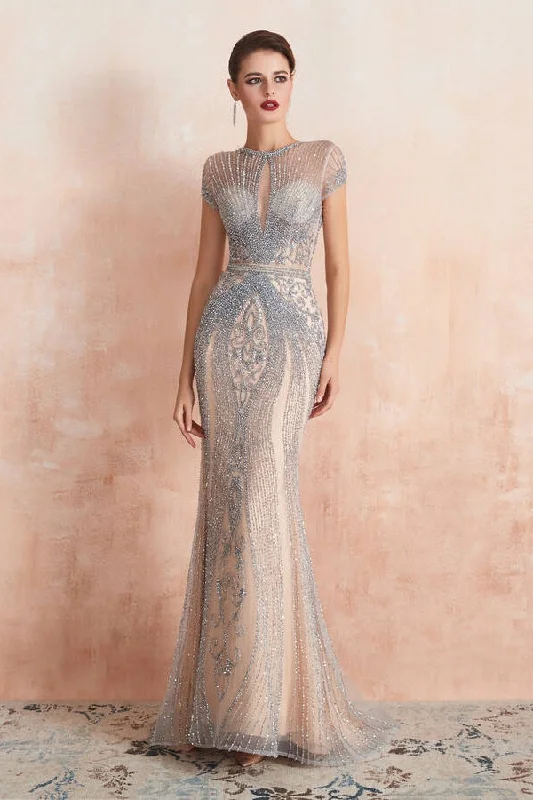 Luxurious Champagne Tulle Long Evening Dress with Cap Sleeves