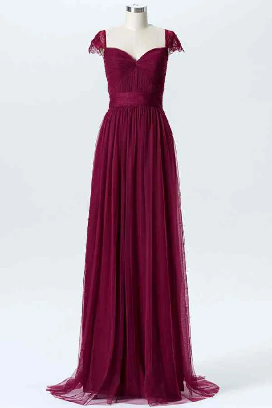 Mulberry A-line Sweetheart Tulle Pleated Lace Cap Sleeves Long Bridesmaid Dress