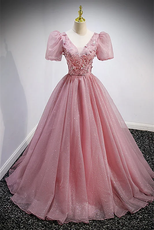 Pink V Neck Puff Sleeves Tulle Lace-Up Back Beaded Appliques Long Formal Dress