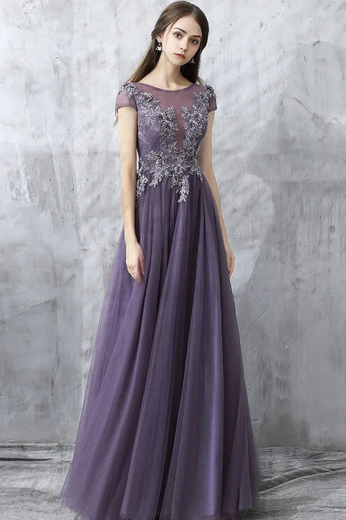 Purple Tulle Long Evening Dress with Cap Sleeves