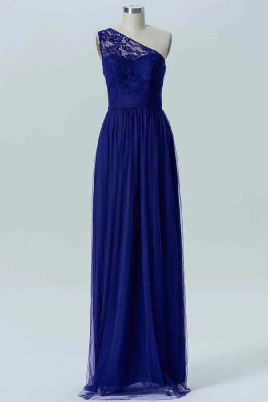 Royal Blue A-line Illusion Lace One Shoulder Tulle Long Bridesmaid Dress