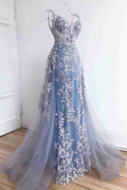 Stunning Dsuty Blue Tulle Long Formal Dress with Appliques,DP386