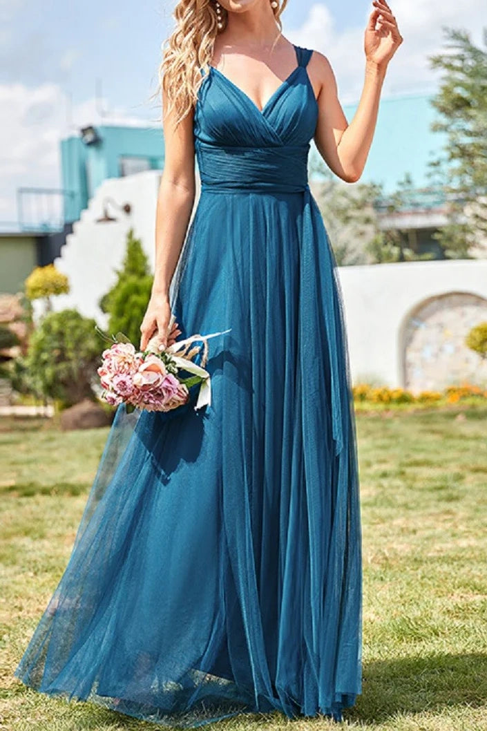 Tulle A-Line V-Neck Spaghetti Straps Long Bridesmaid Dress