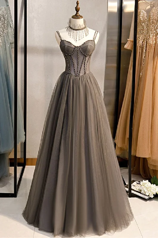 Tulle Spaghetti Strap Long Prom Dress with Beading A-Line Evening Dresses,DP417