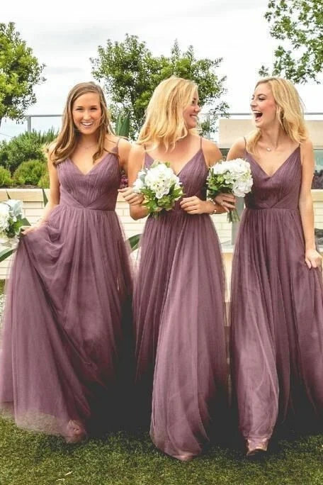 V-Neck Spaghetti Straps Tulle A-Line Bridesmaid Dress